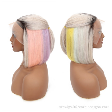 Peruvian Human Hair Bob Style Short 8 Inch Ombre Colorful Wigs 1b 613 Pink Blue Grey Hot Pink Neon Rainbow Purple HD Lace Front